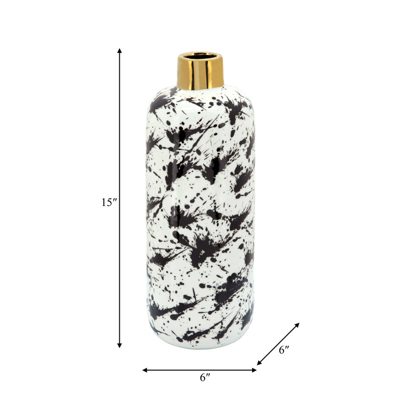 Vase en céramique moderne avec motif abstrait noir et blanc et accent doré - pièce décorative en grès pour un décor contemporain.