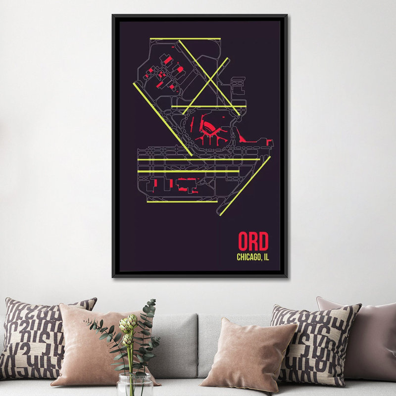« chicago (o’hare) », impression sur toile, "aéroport diagram series", H 48 po x l 32 po x P 1,5 po, Toile avec cadre noir