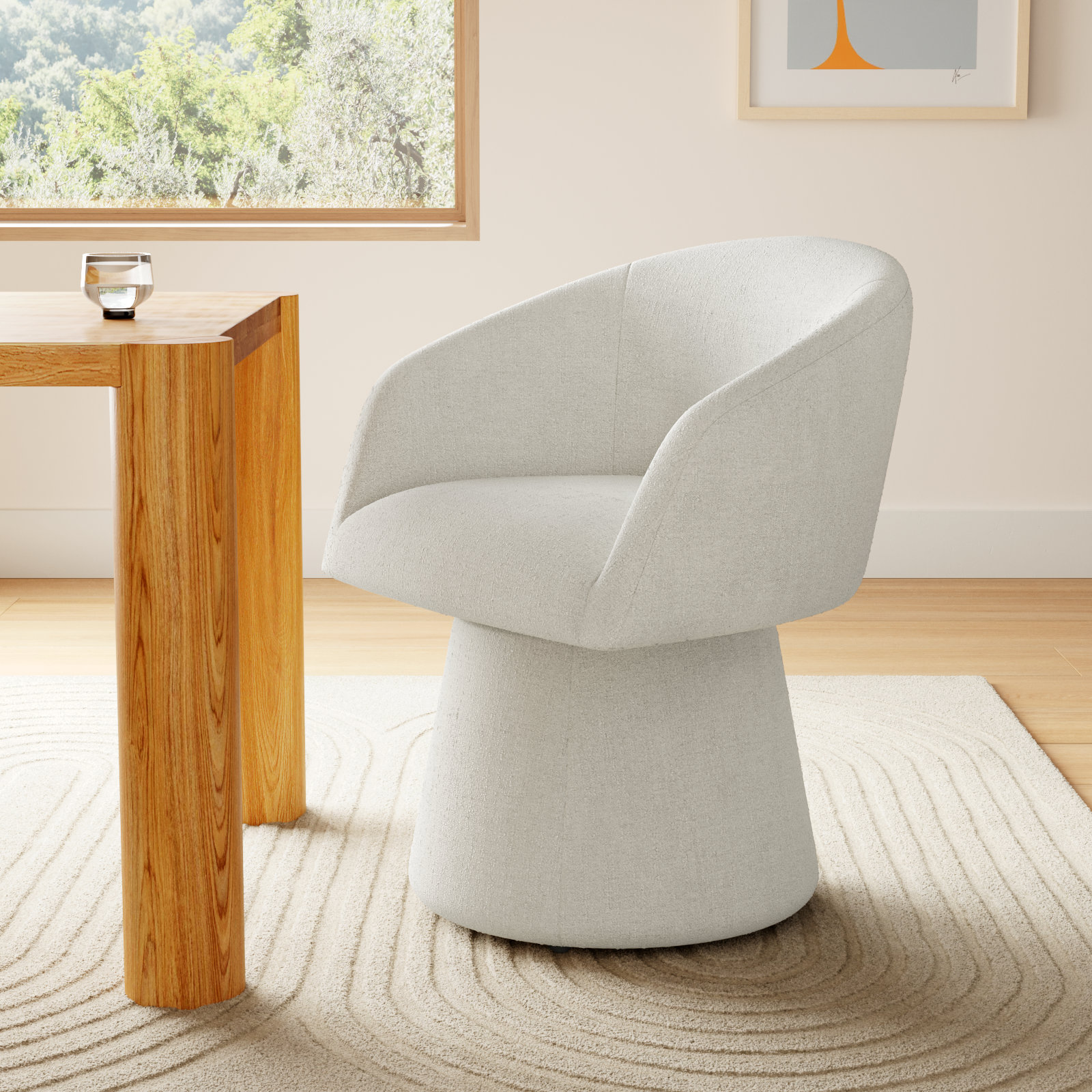 Kyo Swivel Linen Dining Armchair, Mellow Ivory Chenille