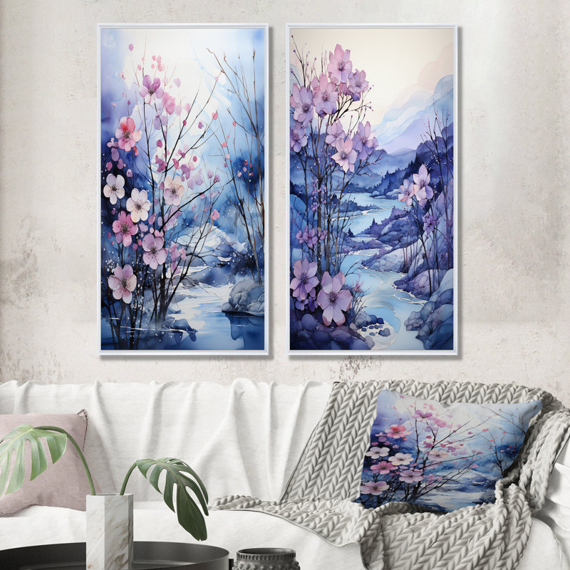 Frosty Blue River Landscape - ensemble de 2 décorations murales paysage, Cadre blanc, H 32 po x l 33 po