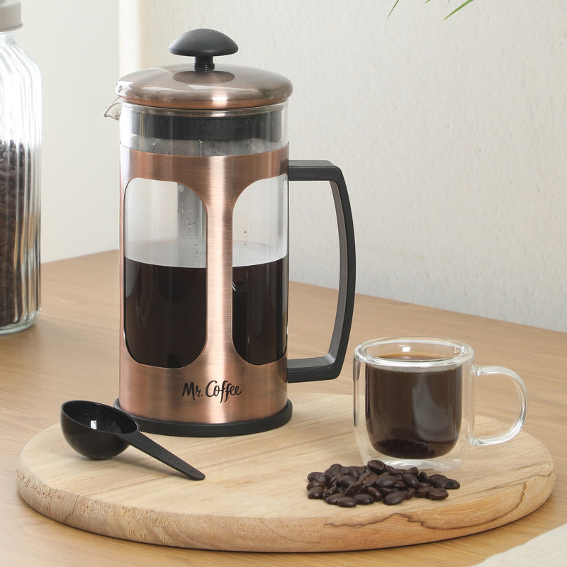 Mr. Coffee French Press Coffee Maker, 34 oz/1 Liter Glass Carafe with High Heat Resistant Durable Borasilicate Glass & Copper Metal Frame and Plunger, Includes Coffee Scoop