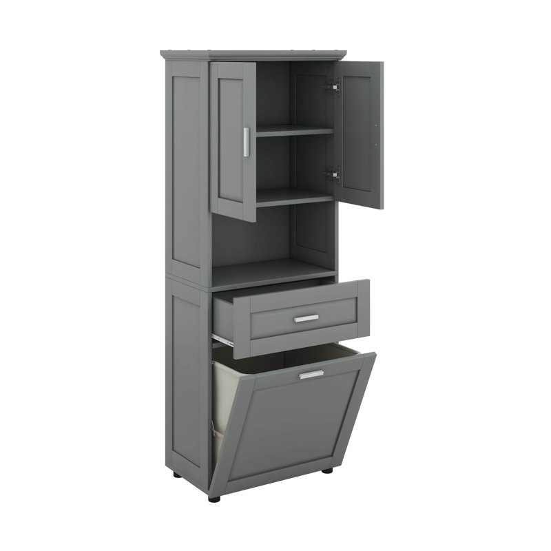 Tall Bathroom Cabinet With Laundry Basket, Adjustable Shelves, Gray