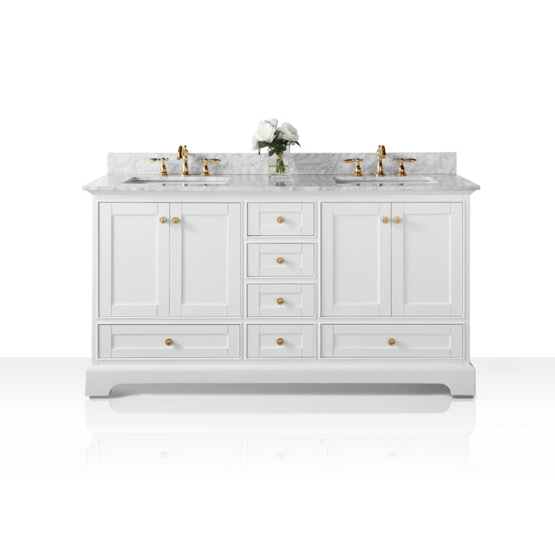 Audrey 66'' W Double Vanity, Carrara White, White | Brushed Gold