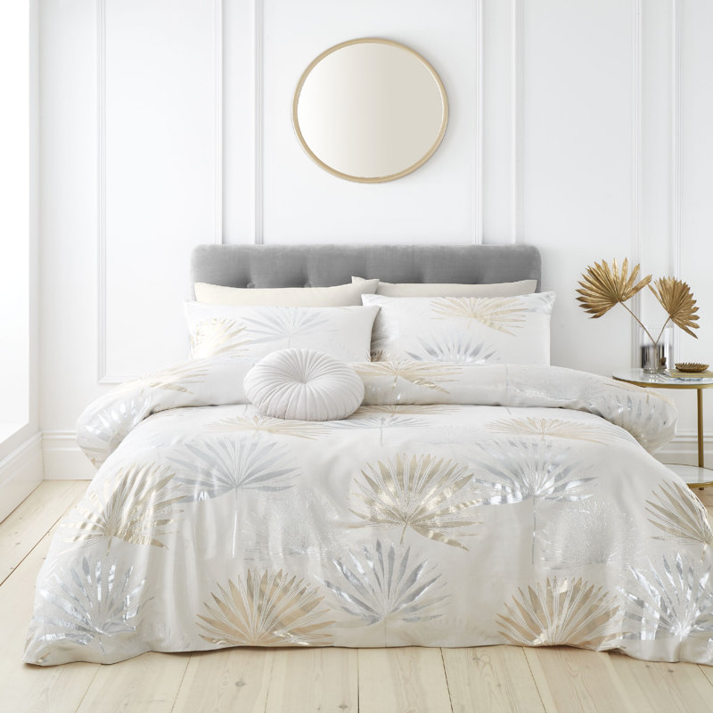 Luxe Palm Jacquard Super King Duvet Cover Set with Pillowcases Silver Grey Gold, Super King  - 2 Standard Pillowcases