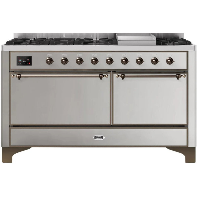 ILVE UM15FDQNS3BKCLP Majestic II 60 inch Dual Fuel Range with 9 Burners, Griddle (Liquid Propane, Solid Door, Glossy Black, Chrome)