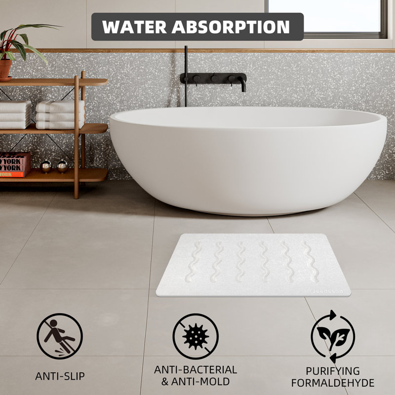 15,35 po X 23,62 po Tapis de bain en pierre, tapis de bain en terre de diatomées à séchage rapide, Blanc grisâtre