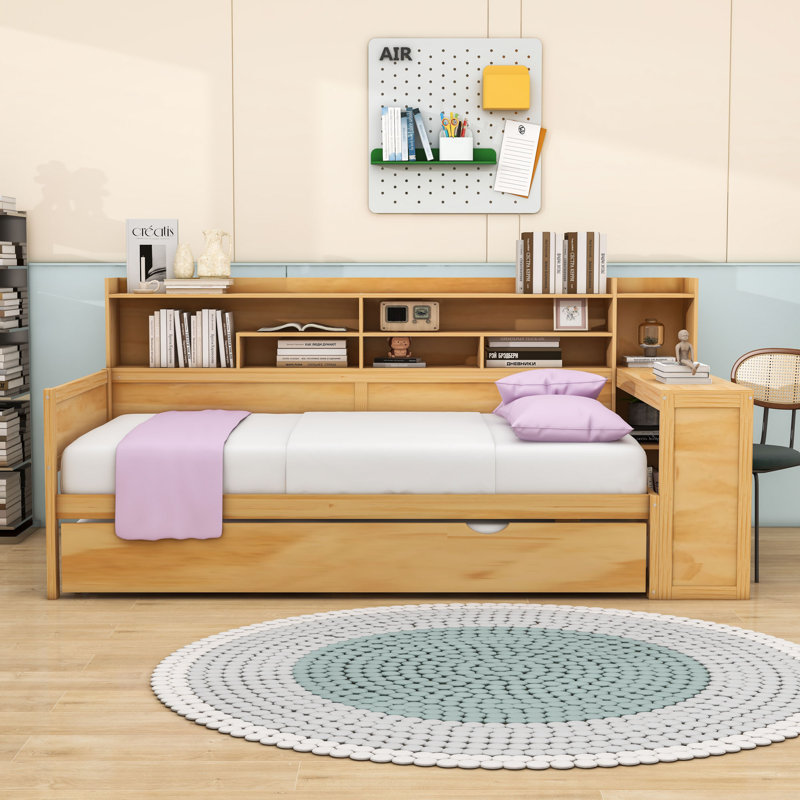 Wooden Daybed with Twin Trundle, Storage Shelves, Twin, Natural