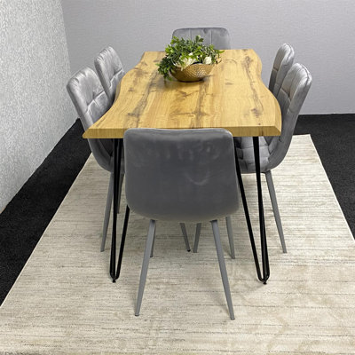 Wooden Dining Table and 6 Velvet Chairs - Stylish Dining Room Furniture