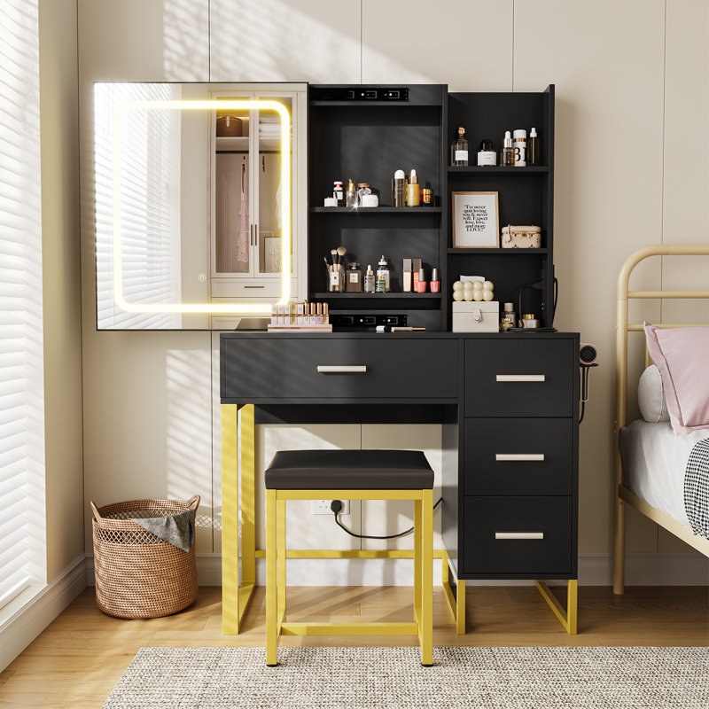 4 Drawer Vanity Dresser Set with Sliding LED Mirror, 3 Color Lighting, Built-in Charging Station, Open Shelf and PU Stool, Modern Makeup Dresser for Bedroom