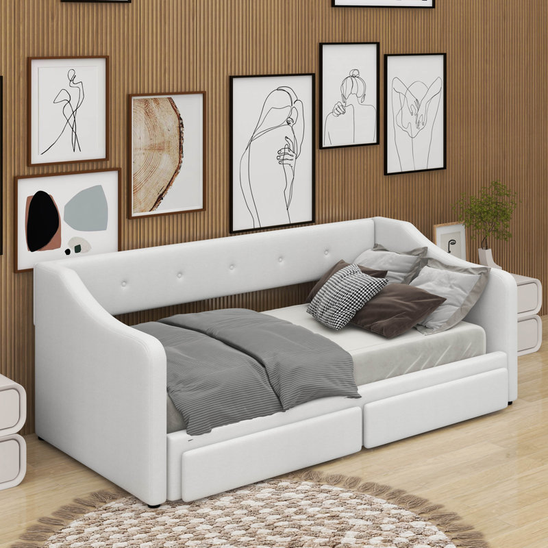 Twin XL To King Size Upholstered Daybed With Drawers, Beige