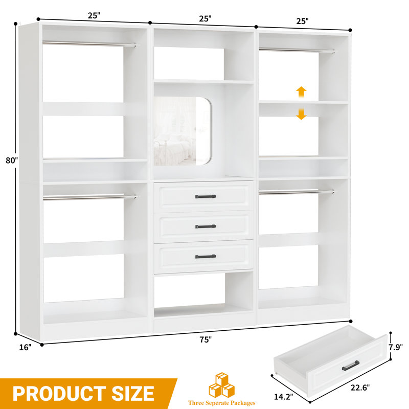 Freestanding Closet System with Mirrors, Drawers and Shoe Racks, White