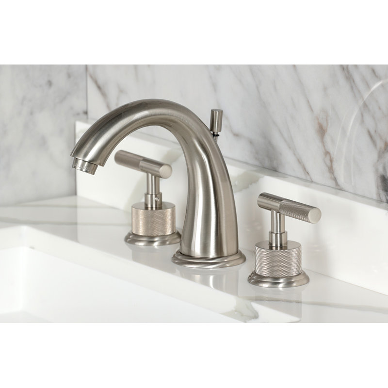 Kingston Brass Convergent Two-Handle 3-Hole Deck Mount Widespread Bathroom Faucet with Knurled Handle and Brass Pop-Up Drain