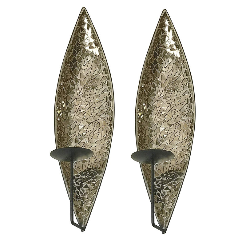 Mirrored Glass Mosaic & Metal Wall Mounted Decorative Candle Holder Wall Sconce, Large Size 18 in., Silver Sconce Gold