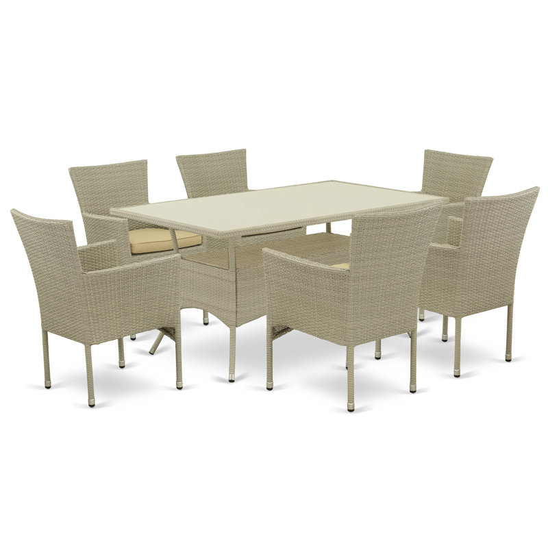 Ensemble de 7 meubles d'extérieur en osier comprenant une table de salle à manger rectangulaire avec plateau en verre et 6 fauteuils de jardin avec coussin, lin naturel