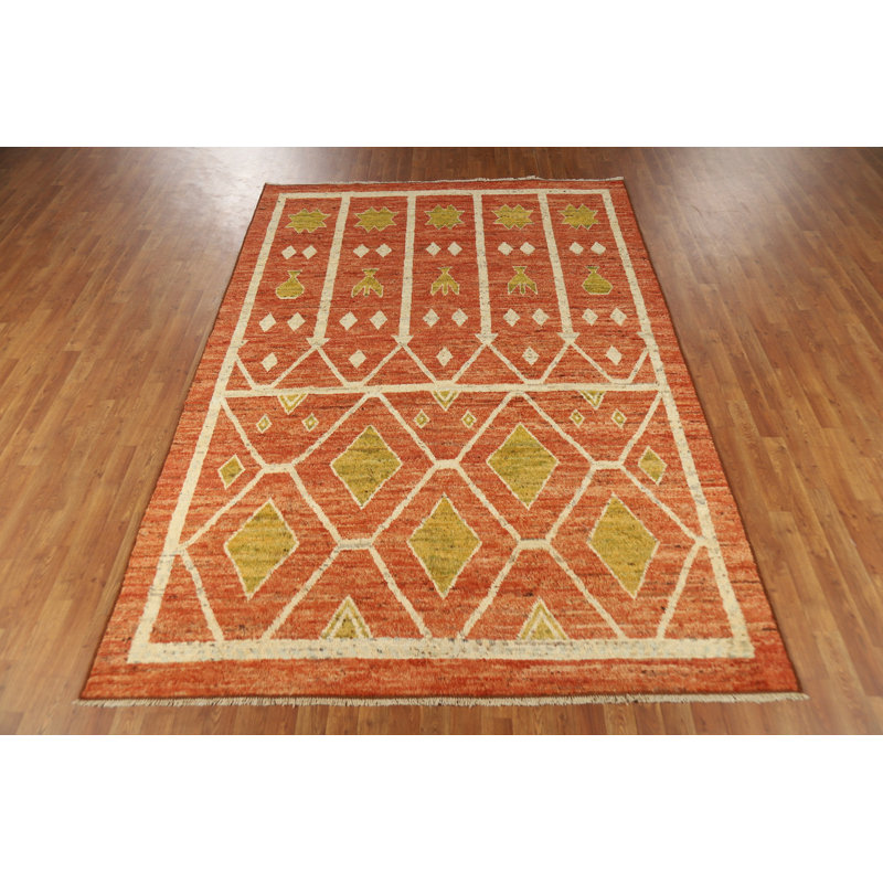 Tapis oriental orange fait à la main en laine orange 7 x 10