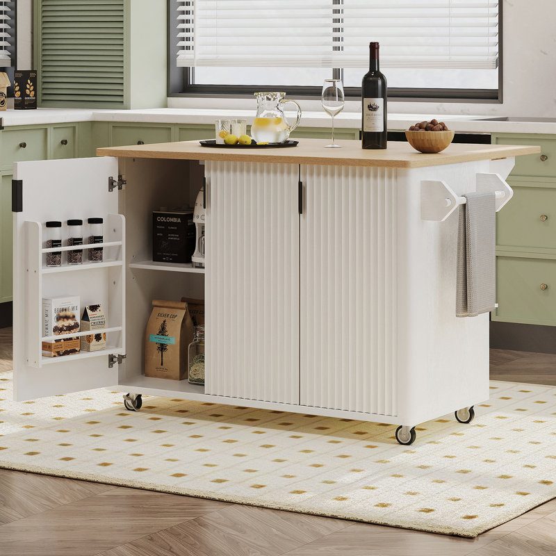 51" Fluted Kitchen Island With Drop Leaf, Farmhouse Accent Kitchen Island On Wheels With Internal Storage Rack, Rolling Kitchen Cart With Towel Rack For Kitchen, Dining Room, White Ash