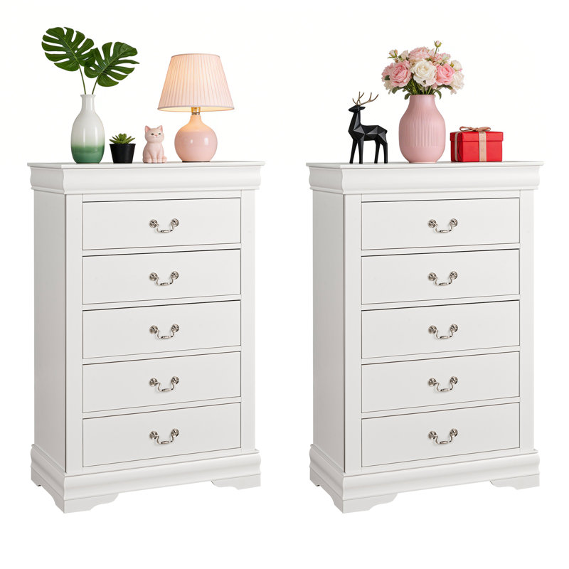 Ensemble de chambre à coucher 2 pièces, commode en bois massif de 5 tiroirs ， Aucun assemblage requis, Blanc