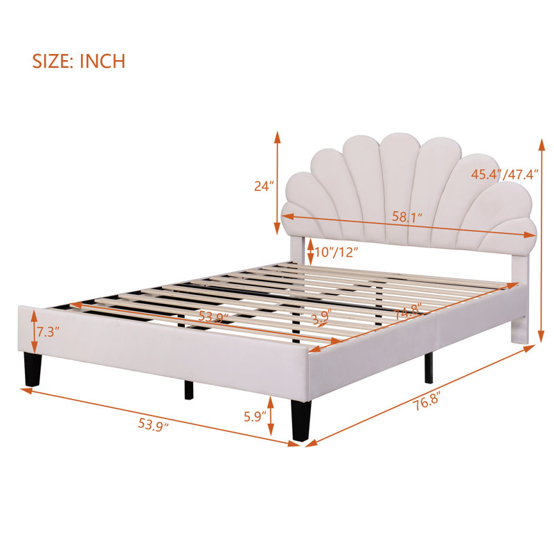 Lit plateforme tapissier double avec tête de lit en velours à motif floral, Beige, Lit double