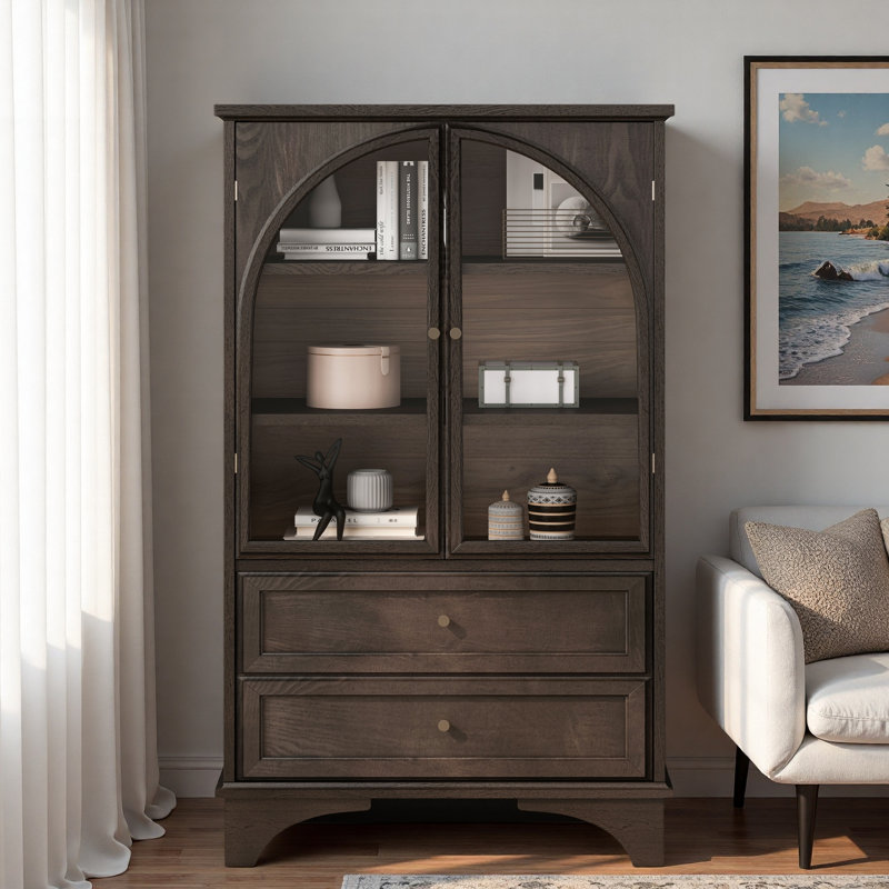 Glass Door Display Case Storage Cabinet With 2 Drawers And Adjustable Shelves, Brown
