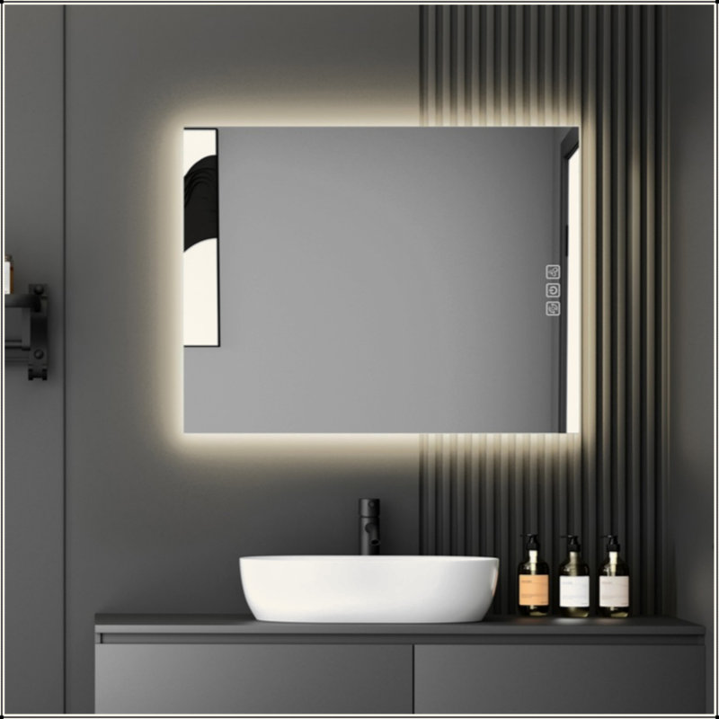 Miroir de salle de bain à DEL avec rétroéclairage lumineux, désembuage 5 minutes, miroir de meuble-lavabo mural pleine HD réfléchi, 3 couleurs à intensité variable, CRI90 +, fonction mémoire, anti-buée