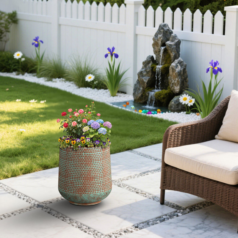 Grand pot à fleurs rond en béton à motif de sarcelle de 16 po avec trous de drainage pour l'intérieur et l'extérieur, intérieur amélioré
