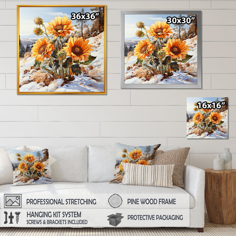 Charme de tournesols en hiver - impression, H 16 po x l 16 po x P 1 po, Cadre simple noir