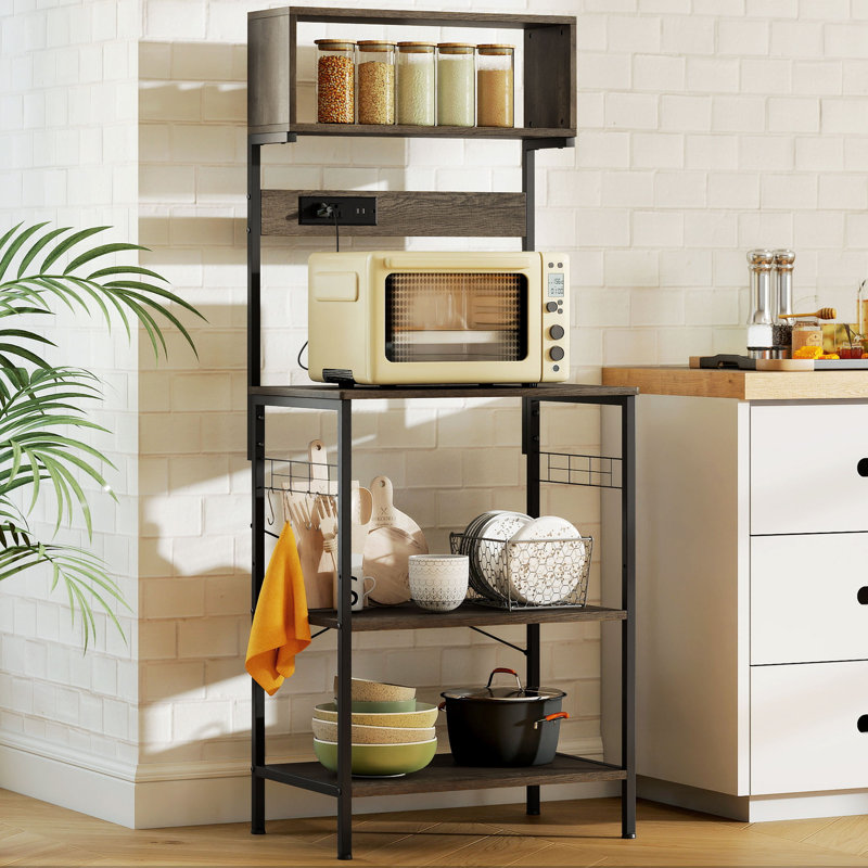 Étagère de boulanger avec prise de courant, chargeur USB, support pour micro-ondes, gris, H 60,2 po x l 23,6 po x P 16,5 po