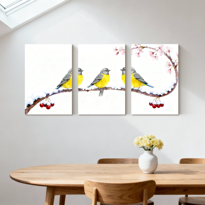 «Birds Three Birds On Snowy Branch With Berries», ensemble de 3 impressions sur toile, H 30 po x l 60 po