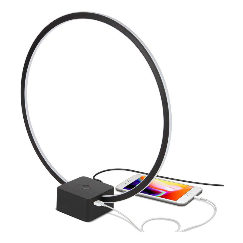 Circle 15 in. Modern Integrated LED Table Lamp with 3-Way Dimming and USB Charging Port, Black Finish, Black