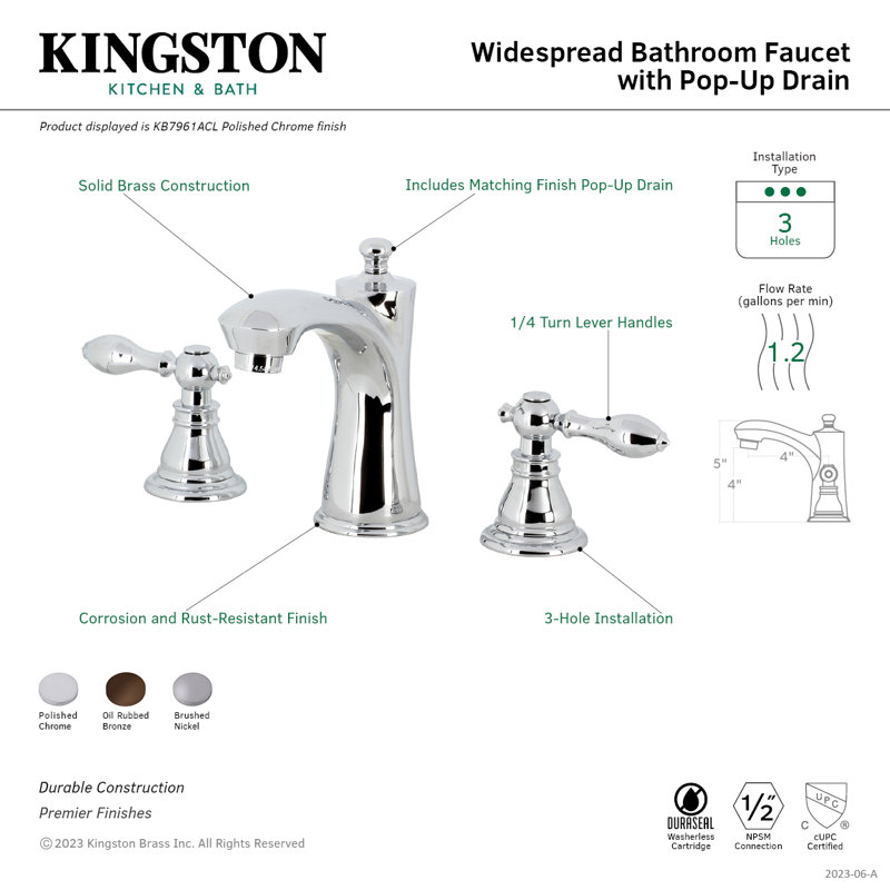 Kingston Brass American Classic Two-Handle 3-Hole Deck Mount Widespread Bathroom Faucet with Retail Pop-Up Drain