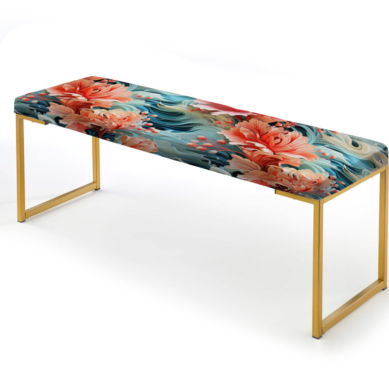 Upholstered Gold Bench, Coral Mirage