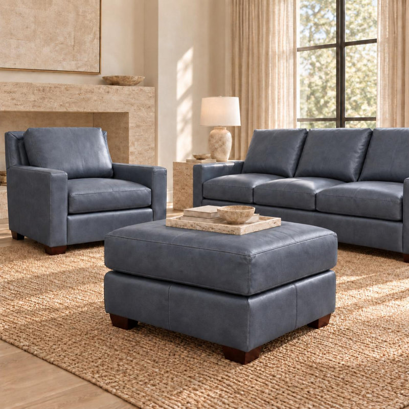Repose-pieds 26 po 100% cuir Haven avec fabrication artisanale et confort moelleux, Canyon Navy