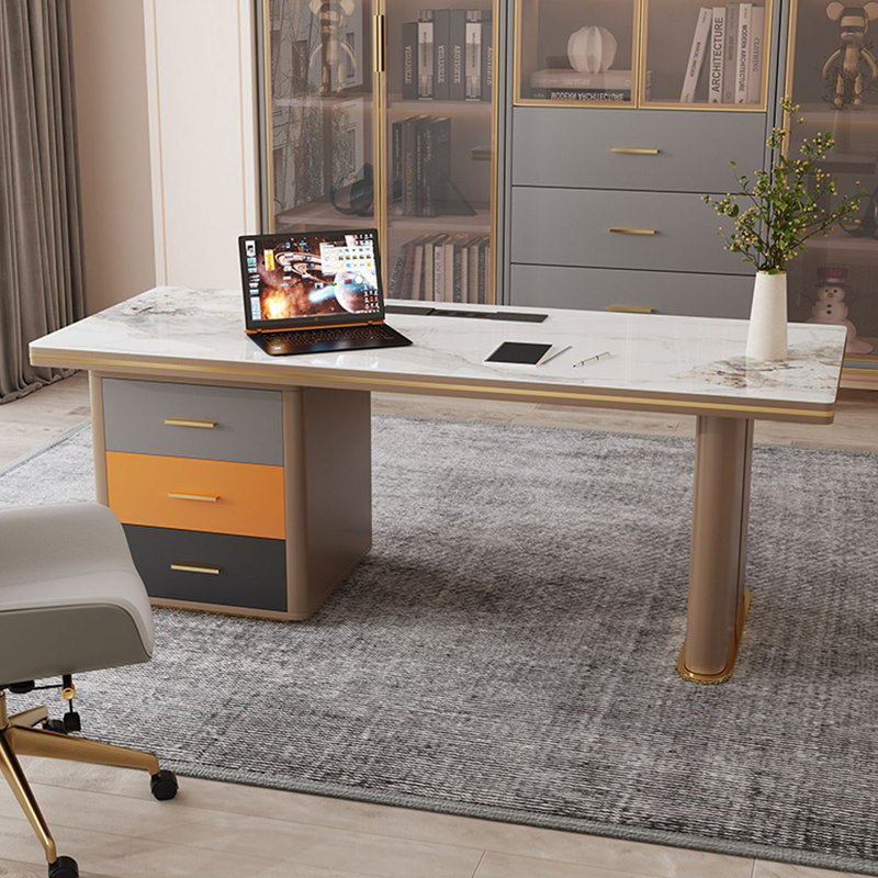 Bureau rectangulaire blanc / gris + bois manufacturé + acier inoxydable avec 3 tiroirs, H 29,53 po x l 62,99 po x P 31,5 po