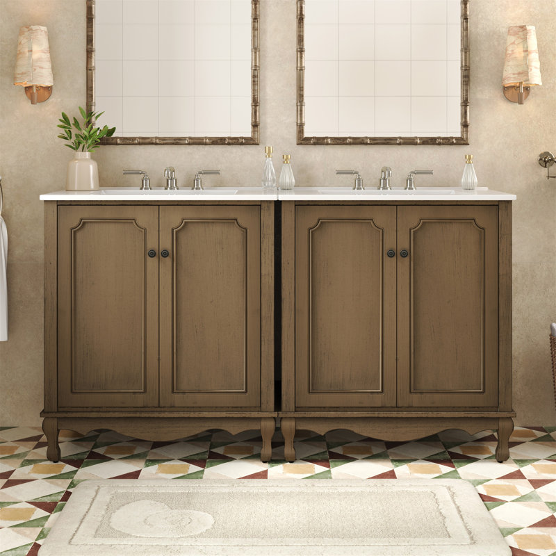 Ensemble de meuble-lavabo double 60 po, Brun antique