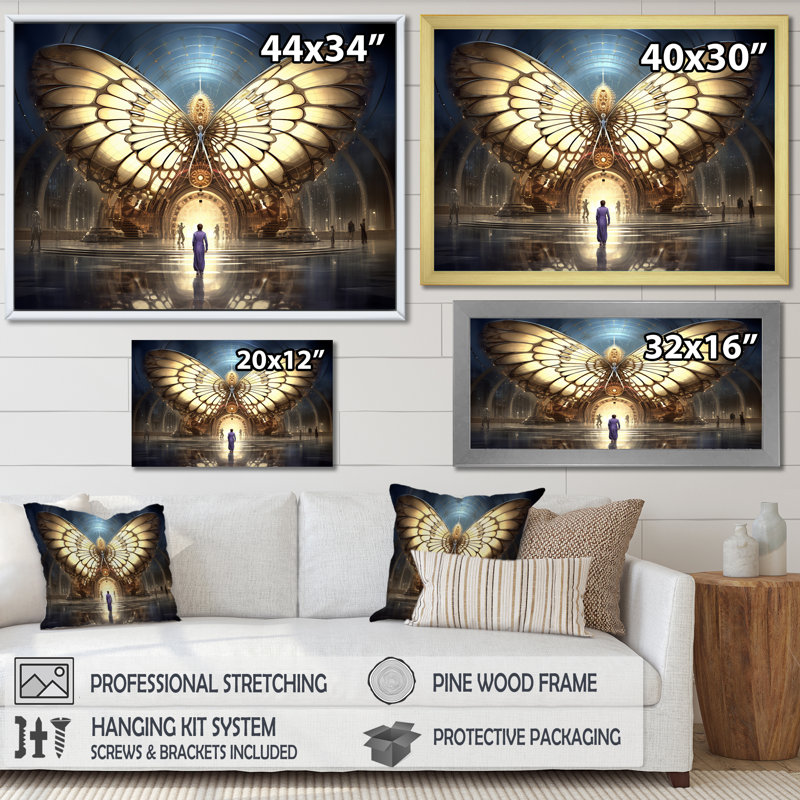 Majestic Butterfly, portail de lumière, Cadre simple argenté, H 34 po x l 44 po x P 1,5 po