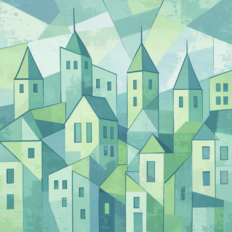 Housses de couette cubistes, paysage urbain, Très grand lit, Light Mint and Teal