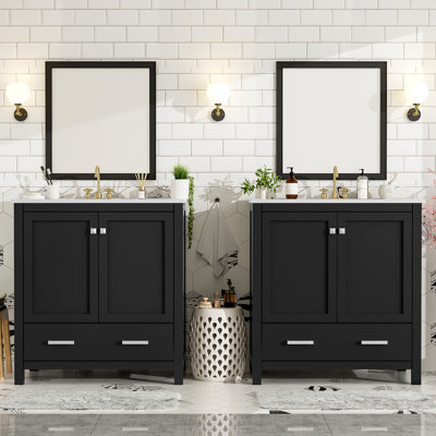 Ensemble de meuble-lavabo 60 po avec lavabos doubles (séparés), lavabos doubles en céramique, étagère de rangement et tiroirs séparés (miroir non inclus) - Solution de salle de bain moderne pour salles de bain spacieuses