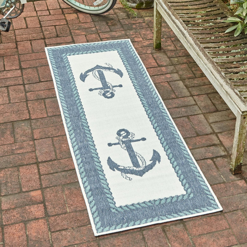Tapis intérieur / extérieur bleu marine / ivoire Bethlehem, Tapis de couloir 2 pi x 6 pi