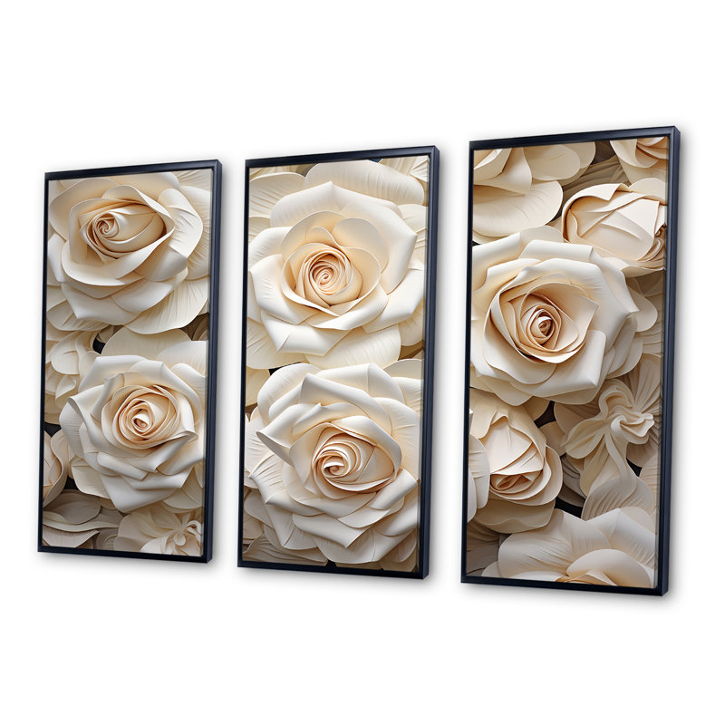 «Minimalisme beige roses passion» - ensemble d'art mural en toile roses, Cadre flottant noir, H 32 po x l 48 po x P 1 po