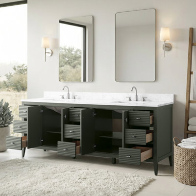 84" Double Sink Freestanding Bath Vanity with Engineered Marble Top