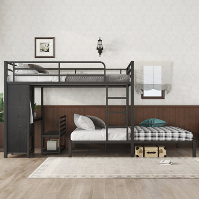 Structure de lit superposé grand sur grand avec garde-robe intégrée, lit superposé en métal avec bureau et chaises de rangement, noir