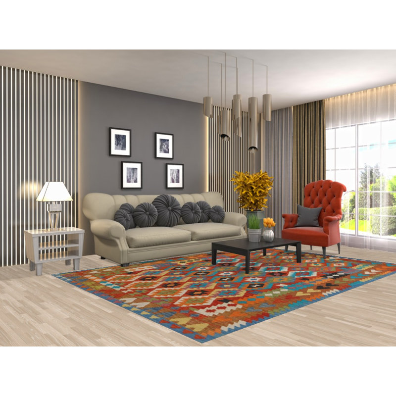 Tapis de salon multicolore en laine Kilim 7 x 10