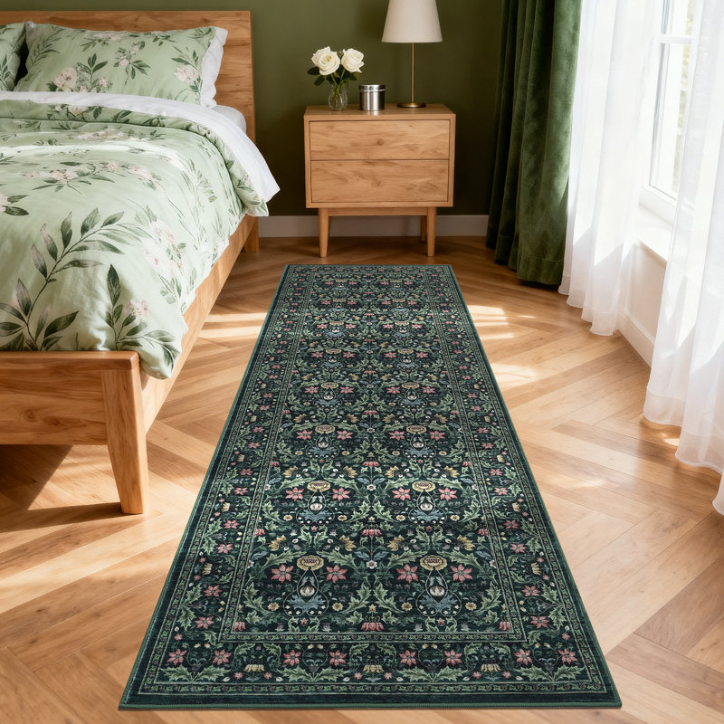 Floral Washable Living Room Rug Non Slip, Low Pile Foldable Printed Mat, Soft Non Shedding Floor Covering, Runner 2' x 6'