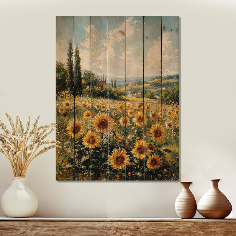 Champ de tournesols blanc éclairé blanc pré - tournesols, décoration murale - sur bois de pin naturel
