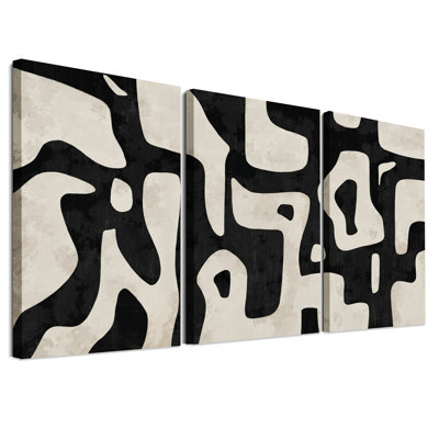 Ensemble de 3 toiles murales abstraites aux formes organiques noires et beiges