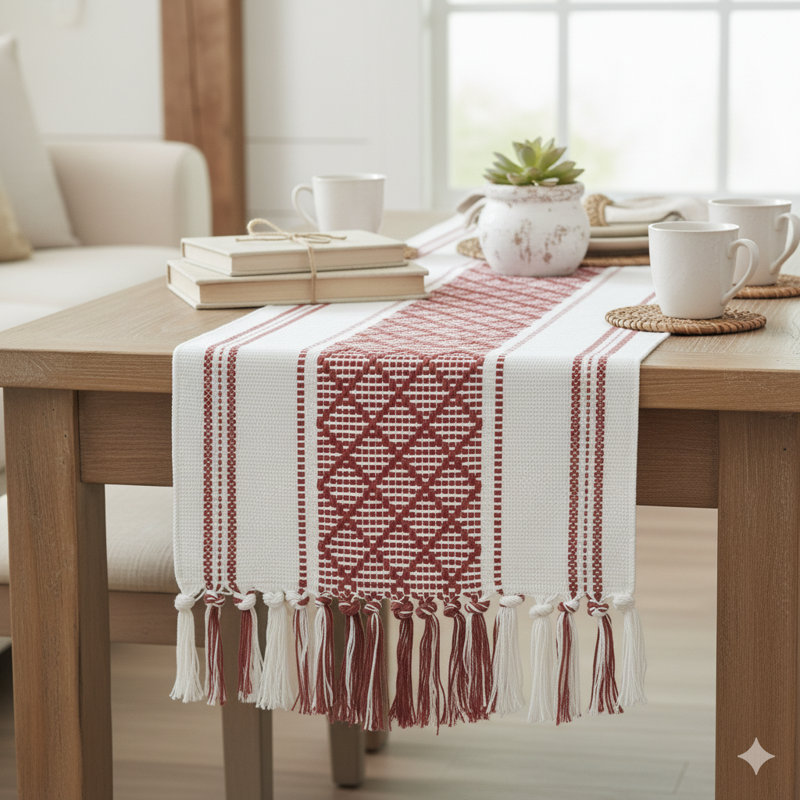 Chemin de table Boho, 48 po x 14 po, Brun rouille