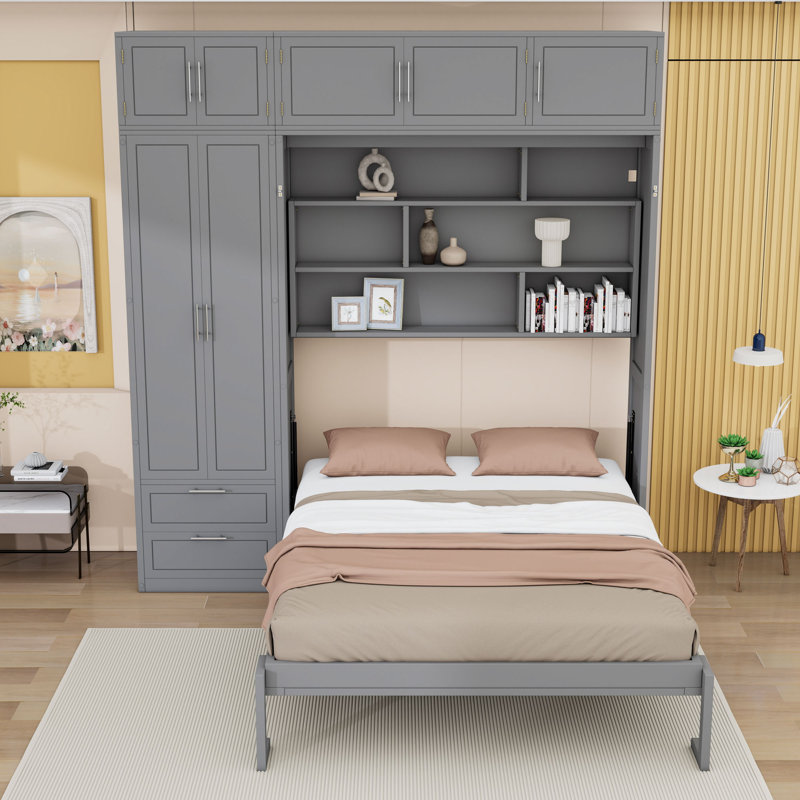 Grand lit escamotable en bois 2 tiroirs avec garde-robe et armoires, gris