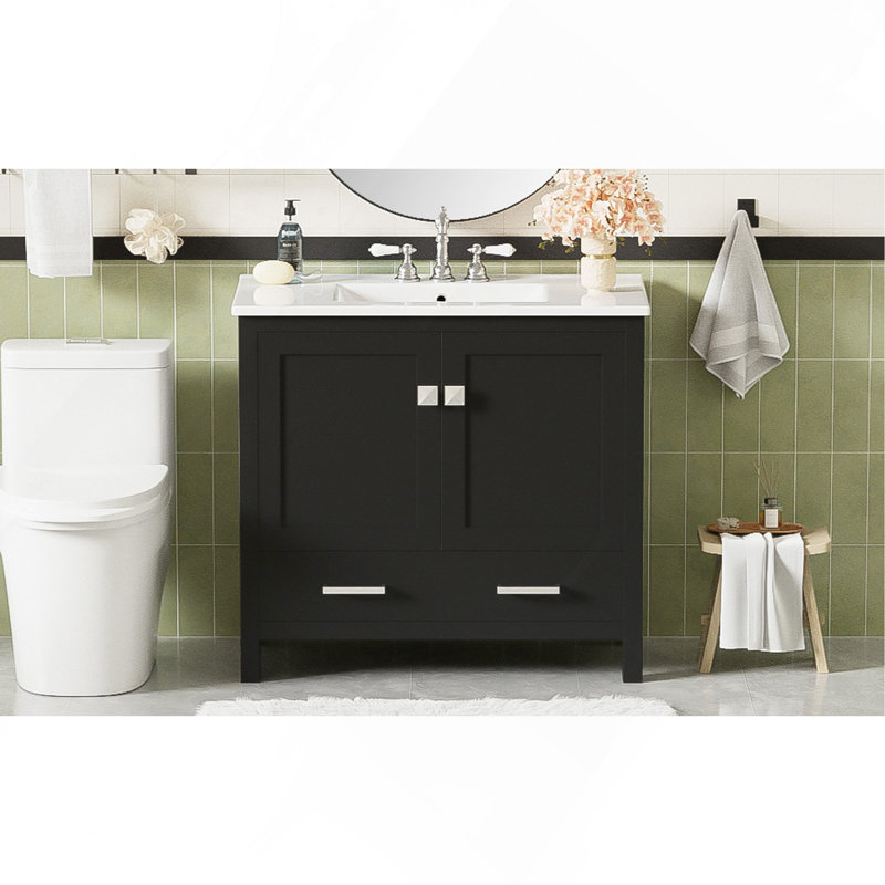 Meuble-lavabo moderne 36 po avec lavabo en céramique, portes à fermeture en douceur, tablettes doubles et tiroir divisé - Armoire de salle de bain moderne avec rangement
