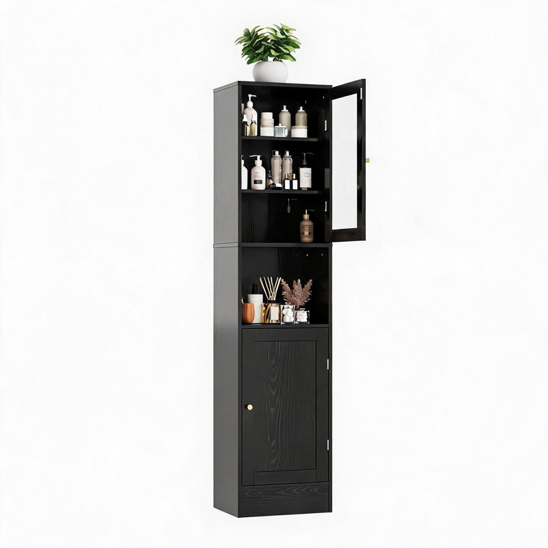 Armoire de rangement de salle de bain étroite de 170 cm de haut avec portes vitrées – Étagères réglables, système anti-basculement – ​​Organisateur de linge autoportant – Gain de place pour salle de bain et cuisine – Noir
