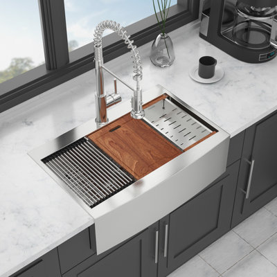 16 Gauge Topmount Apron Front 33 Inch Kitchen Sink, Handmade 304 Stainless Steel, Built - In Ledges, Noise Reducing Function, Dish Grid, Drain Assembly Steel Workstation Sink With Ledges For Function